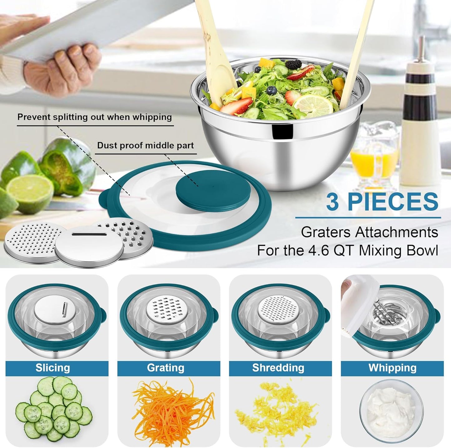 E-far Mixing Bowls with Lids and Graters, Stainless Steel Salad Mixing Bowl with Transparent Lid Set of 3, Metal Nesting Salad Storage for Kitchen Prepping/Serving/Baking, 4.6/2.6/1.5QT - Teal Blue