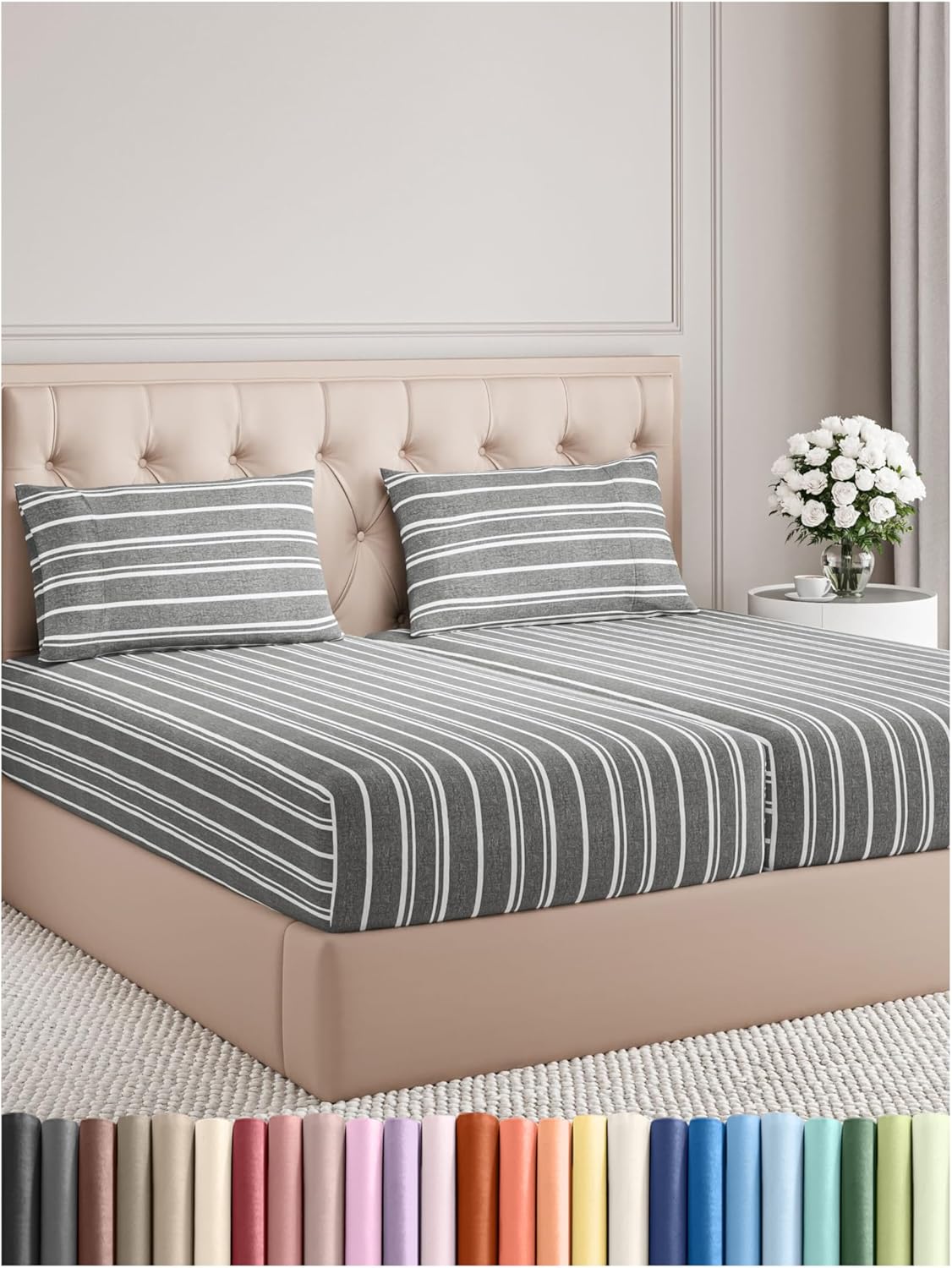 Split King Size 5 Piece Sheet Set - Comfy Breathable & Cooling Bed Sheets Set - Hotel Luxury Bedding for Women, Men, Kids, Teens, Boys & Girls - Deep Pockets & Wrinkle Free - Oeko-Tex - Grey Stripes 3
