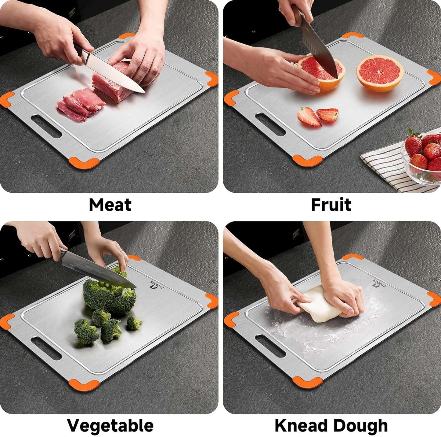 100% Pure Titanium Cutting Board with Grooves, Update Double Side Titanium Chopping Board, Silicone Anti-slip Stainless Cutting Boards for Kitchen 9 * 13 IN, Orange