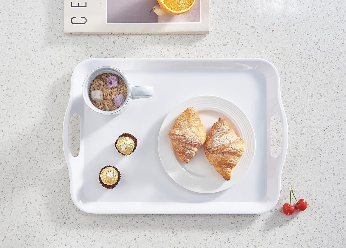 Blue Boat 14" x 10" Serving Trays Set of 4 White, Dinner Tray, Light Weight Easy to Clean Sturdy Stackable Melamine Serving Tray with Handle, Fruit, Snacks, and Desserts Trays