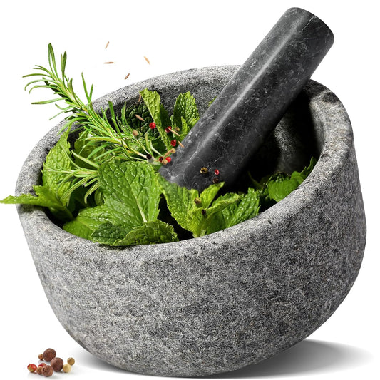 Koville Granite Mortar and Pestle Set, 6.3"-2 Cups Unpolishesd Stone Grinder Bowl for Guacamole, Salsa, Pill Crusher, Spice, Herb, Garlic, Nut, Heavy Duty Grinder for Kitchen(Angola Silver Black)