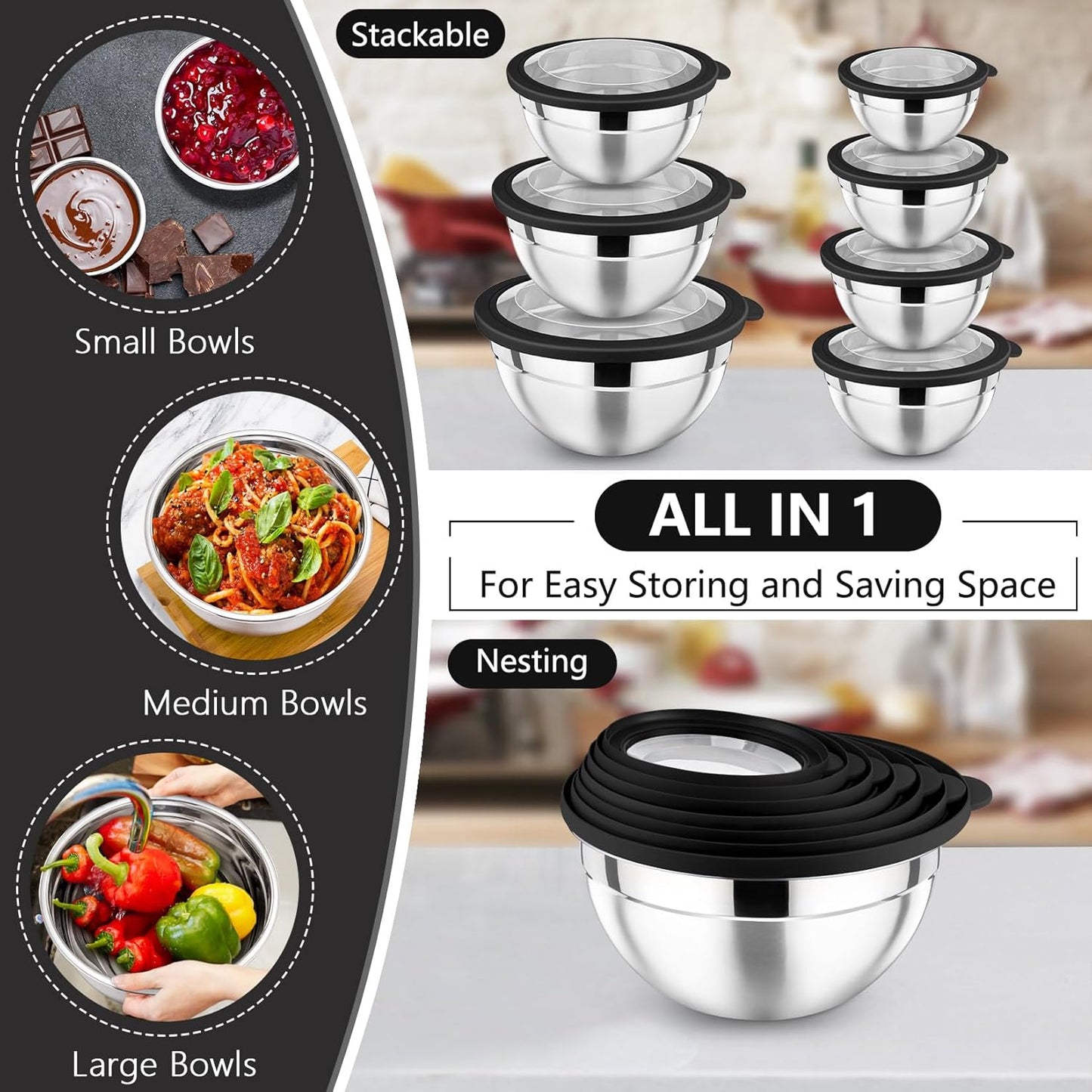 P&P CHEF Mixing Bowl with Lid Set of 7, Stainless Steel Nesting Salad Bowls for Cooking Serving Prepping, Clear Lids & Stackable Design, Size 4.6, 3.5, 3, 2, 1.5, 1, 0.7 Qt - Black