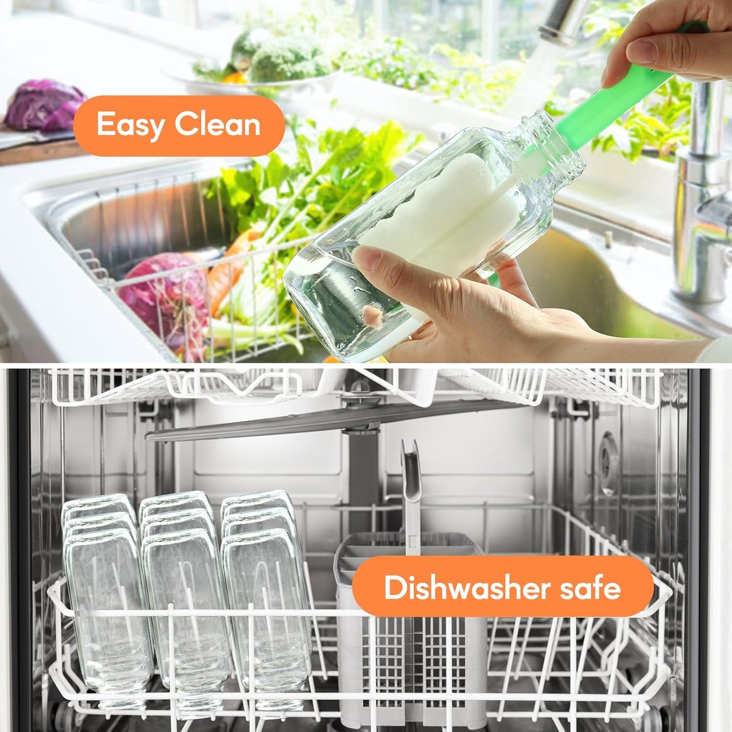 STARSIDE 16 oz Glass Juice Bottles with Lids 3 Pack - Square Reusable Drinking Jars for Juicing, Milk, Kombucha - Includes 1 Bottle Brush, 6 Colored Labels