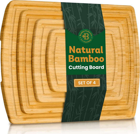Wood Cutting Board - 4 Piece Bamboo Cutting Board Set, Wooden Cutting Boards for Kitchen with Deep Juice Groove, Side Handles - Chopping Boards for Meat, Vegetables, Charcuterie - Kitchen Gift Set