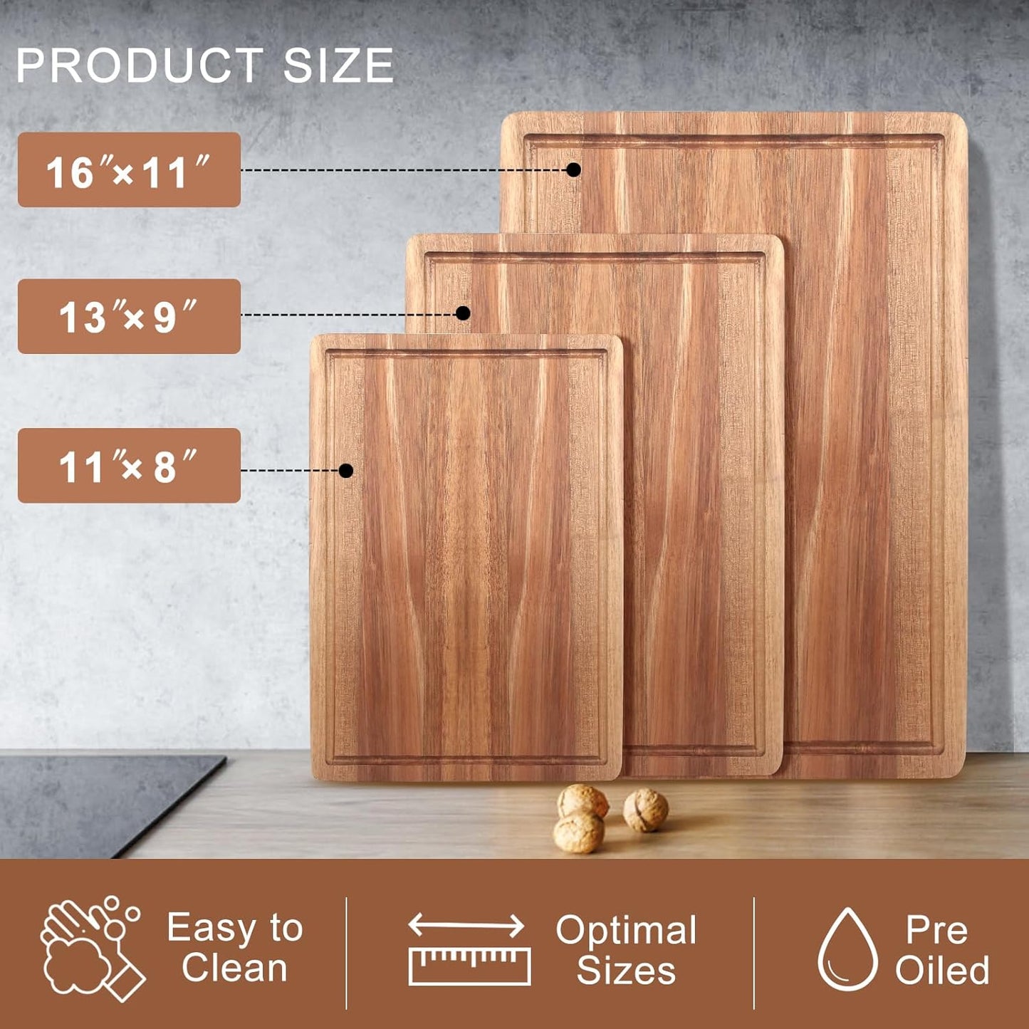 Solid Wooden Cutting Board Set of 3 Acacia Wood Charcuterie Board Set Meat Hardwood Chopping Board Butcher Blocks Non Toxic Maple Large Cutting Boards for Kitchen Decor Bread Serving Cheese Board