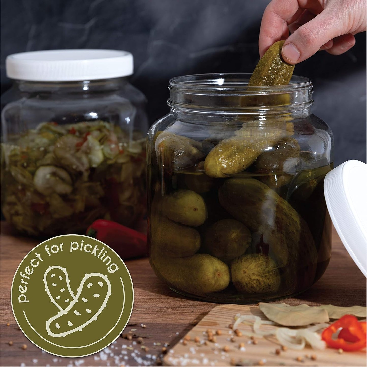 kitchentoolz Half Gallon Mason Jar 64oz – 4 Pack Wide Mouth Glass Jars with Foam-Lined Plastic Lid – Airtight Storage for Kombucha, Pickling, Canning – Big Mason Jars