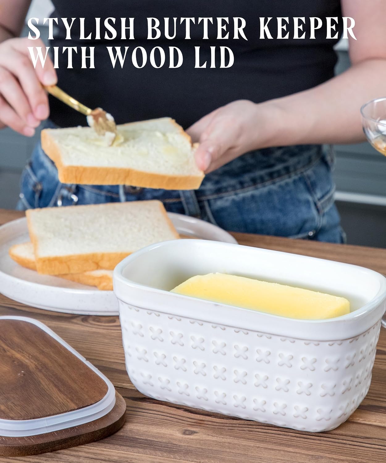 Nucookery Ceramic Butter Dish, Embossed Butter Keeper with Wood Lid for Countertop, Butter Holder and Container with Double Silicone Seal (Cross Pattern)