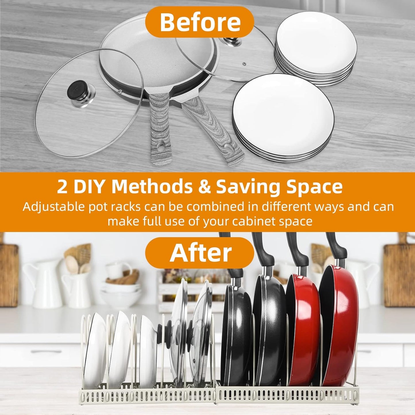 ROOHUA Pot Rack - Expandable Pot & Pan Organizer for Cabinet, 10 Adjustable Compartments (Apricot, 10)