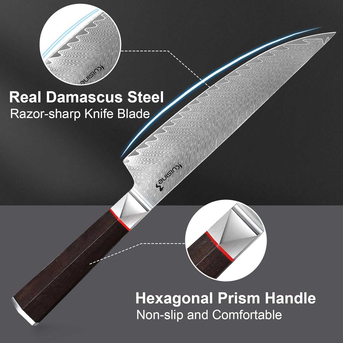 Kuisine Kitchen Knife Set,Damascus Steel Ultra Sharp, Ergonomic Non-slip Wood Handle, Chef Knife Block Set with Built-in Sharpener,Luxury Gift for Holiday(Silver, 12PCS)