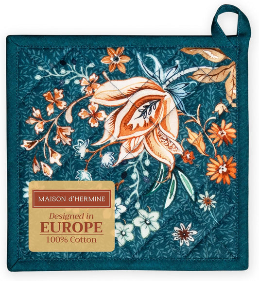 Maison d' Hermine Pot Holders 100% Cotton Heat Resistant Potholders 8" x 8" Hot Pads with Loop BBQ, Cooking, Baking, Grilling, Kitchen, Handling Hot Pans (Pack of 1, Luxury Loft-Dark Teal)