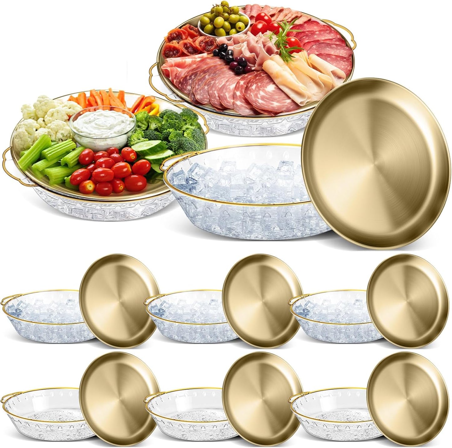 Baderke 9 Set 11.8" Chilled Serving Tray for Parties with Compartments Ice Chilled Party Platter Charcuterie Serving Board Cold Dish Dip for Fruit Seafood Vegetable Shrimp Cocktail (Gold)