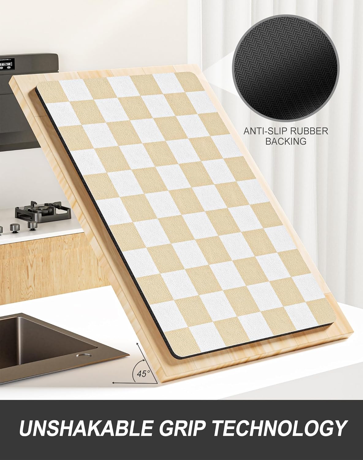 Rnivvi Dish Drying Mat for Kitchen Counter, 12 x 19" Cute Checkered Absorbent Draining Pad, Non-Slip Heat Resistant Coffee Bar Mats for Coffee Machine Station Accessories, Beige White Dish Rack Pad