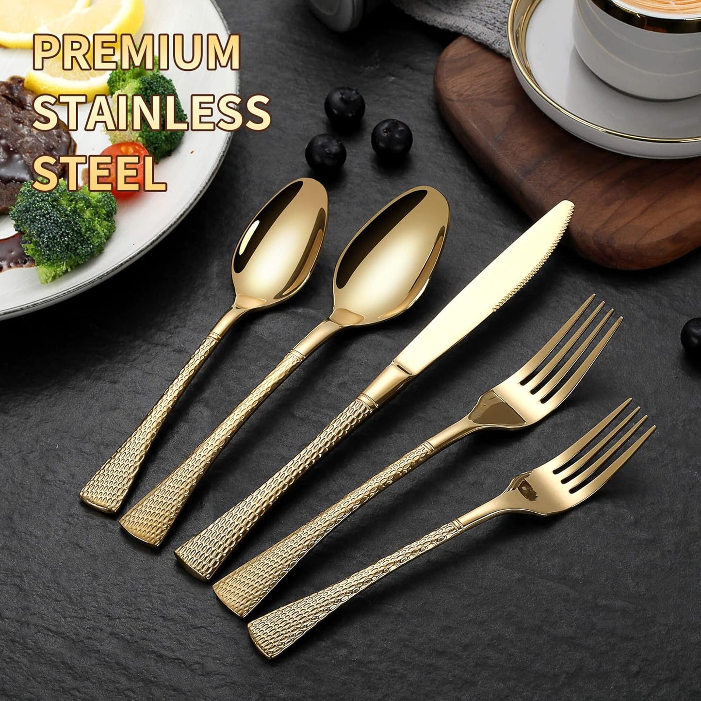 Hammered Gold Silverware Set for 8,Stainless Steel 40-Piece Modern Cutlery Set,Mirror Polished Heavy Duty Flatware Set Utensil Set,Knives Spoons and Forks Set,Dishwasher Safe