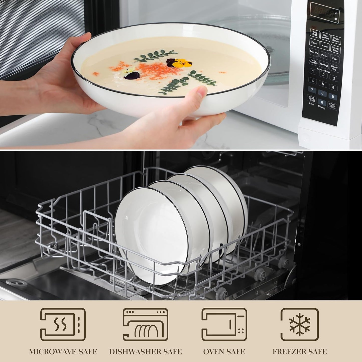 MALACASA 10" Large Pasta Bowls, 56 OZ White Salad Bowls Soup Bowls, Porcelain Serving Bowls Set of 4, Ivory White & Black Rim, Microwave & Dishwasher Safe, Series REGULAR