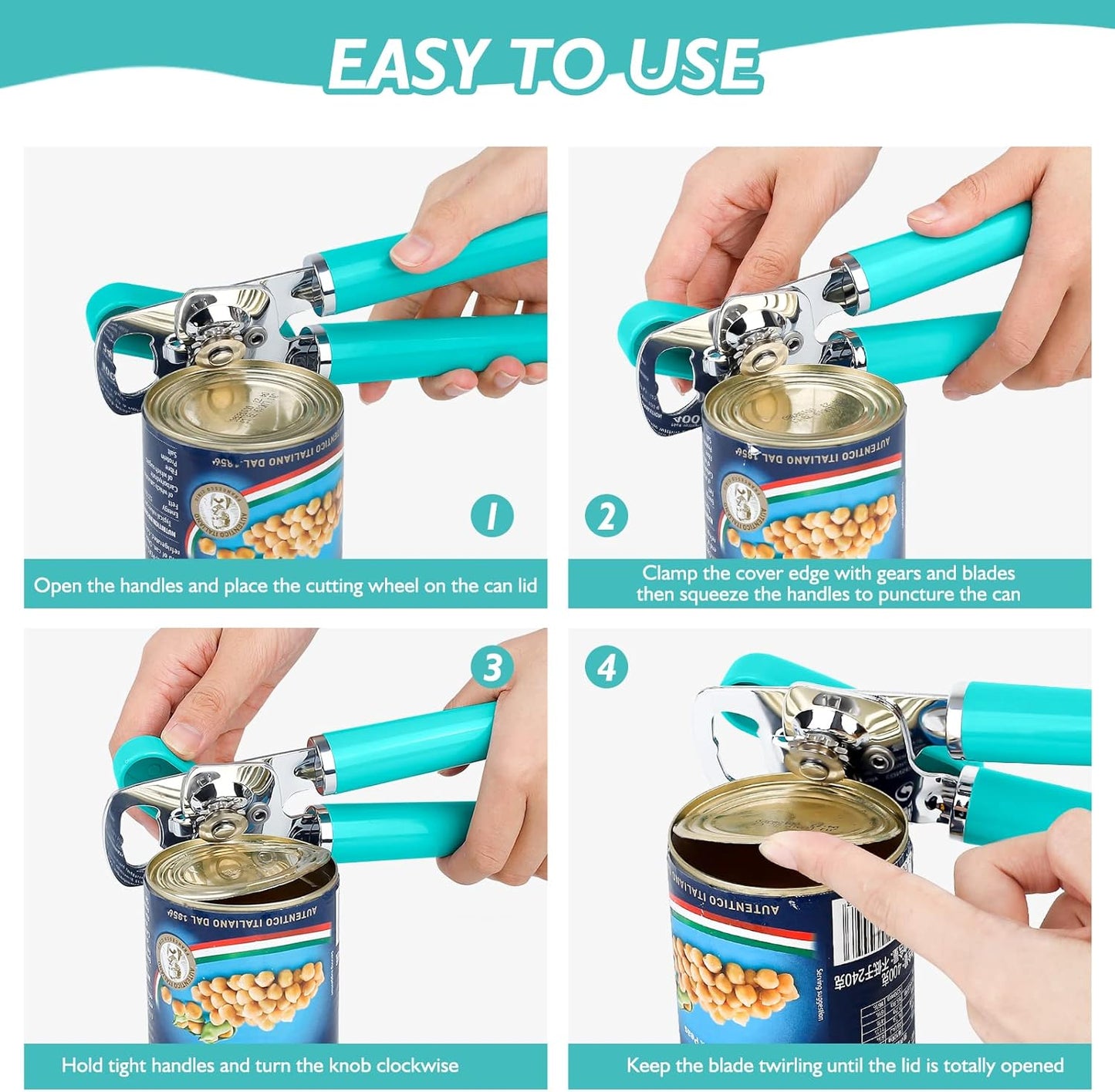 10 Colors Can Opener Manual Handheld Heavy Duty Hand Can Opener Smooth Edge Stainless Steel Can Openers Top Lid Kitchen Gadgets, Best Large Rated Easy Turn Knob, with Bottle Opener, Aqua Sky