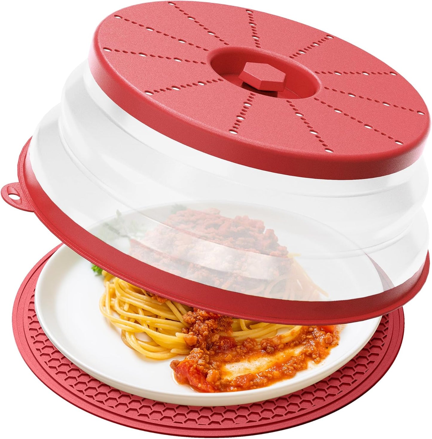 WVM Microwave Splatter Cover & Mat, Vented Collapsible Splatter Guard dish Plate lid & Silicone Round Kitchen Mat for Food, Meal Prep, Red