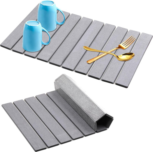 Quick Dry Collapsible Dish Drying Mat, Eco-Friendly Absorbent Diatomaceous Earth Mats for Dishes Bottles Cups 24"×16"Large Stone Dish Drying Mats for Kitchen Counter (Gray, 24"（L）×16"（W）)