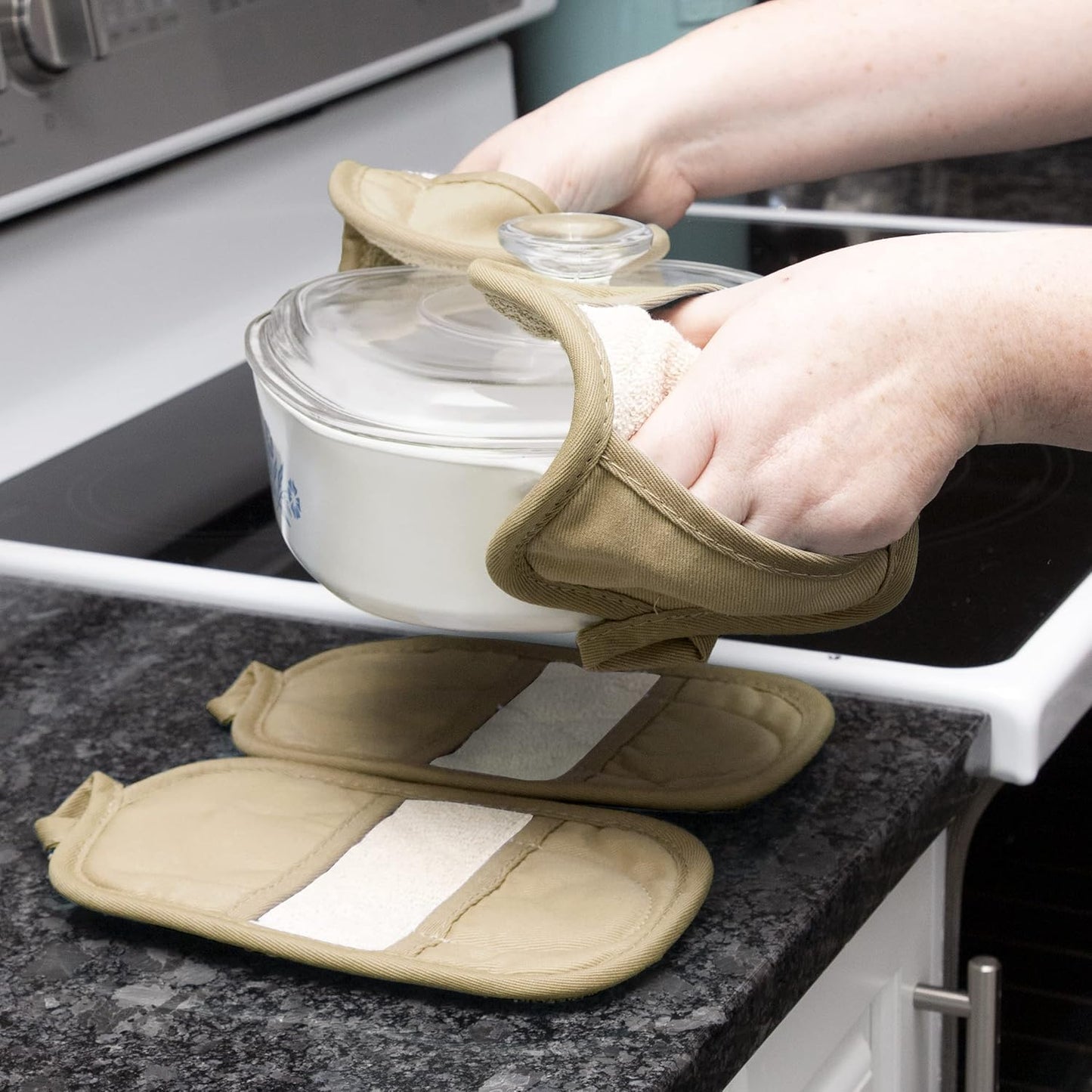 Ritz Premium Pot Holders & Heating Pads (4-Pack), 8.5" x 5.5", Heat Resistant, 100% Cotton Terry-Looped Pocket, for Kitchen and Barbeque, Biscotti