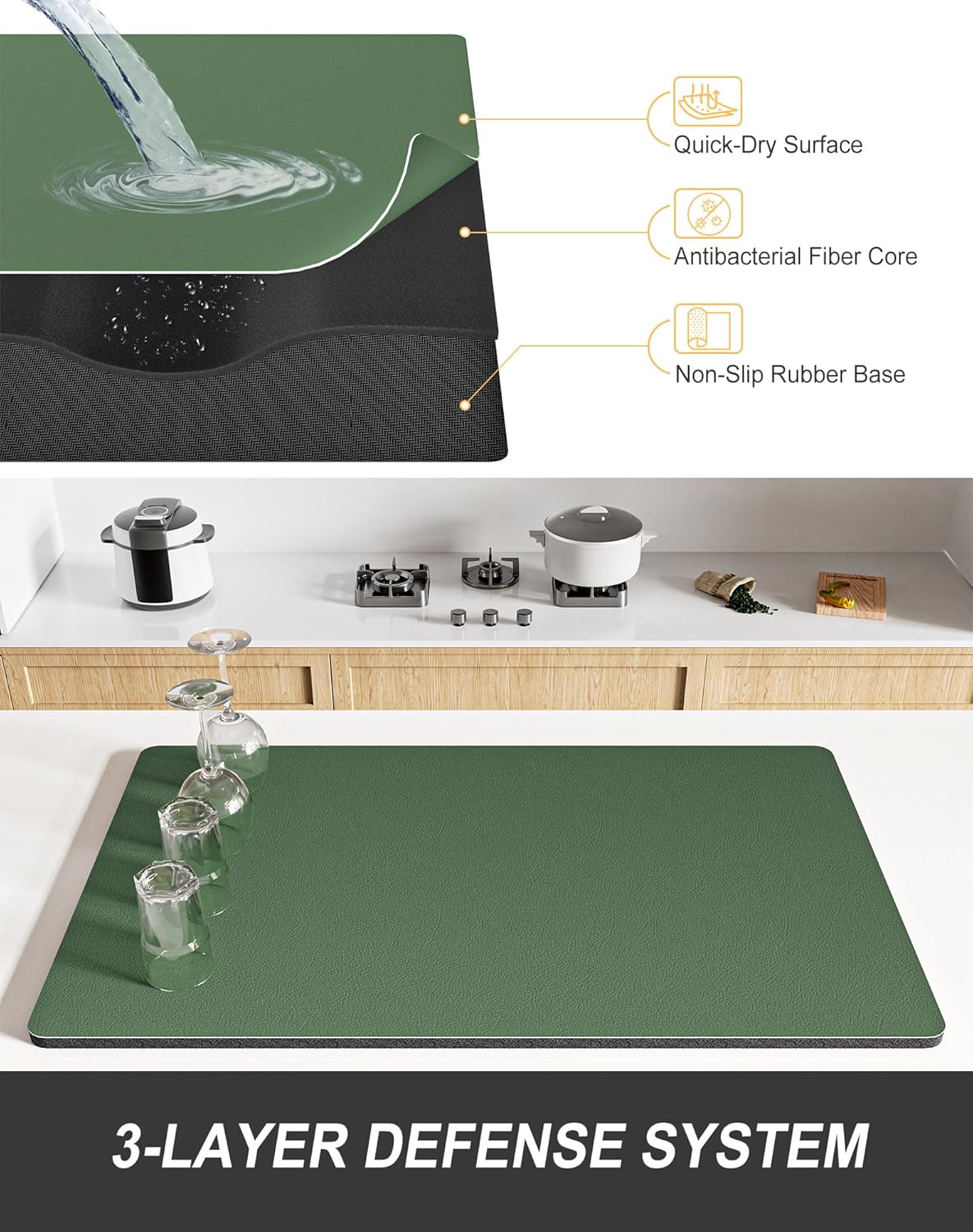 Rnivvi Dish Drying Mat for Kitchen Counter, 12 x 19" Super Absorbent Drainer Pad Easy Clean Dish Rack Pad, Non-Slip Heat Resistant Coffee Bar Mats for Coffee Machine Station Accessories, Forest Green