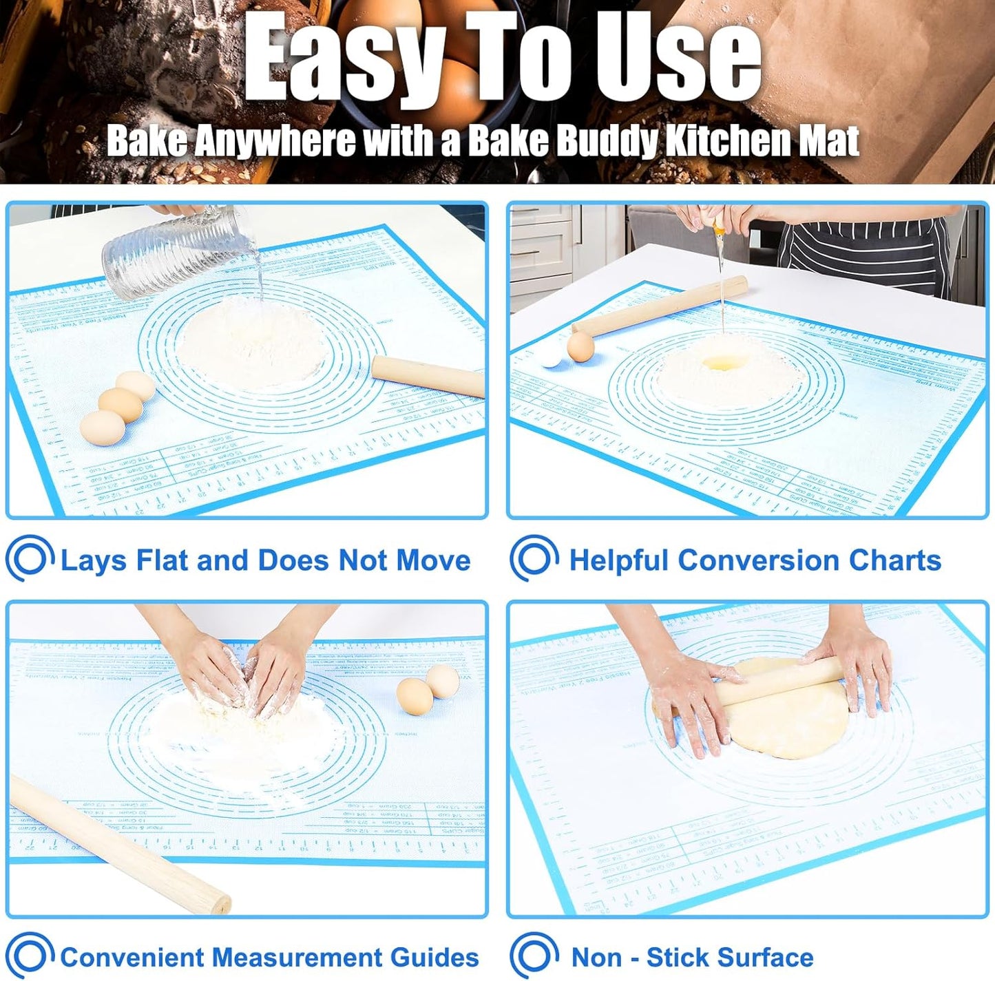 Silicone Pastry Mat 36x24 Inch Nonstick Baking Mat Perfect for Dough Mat, Pastry Board, Kitchen Counter Mat - For Dough, Pastry, Pie Crust, Fondant, Cookies, Bread, Pasta/Pizza, Blue
