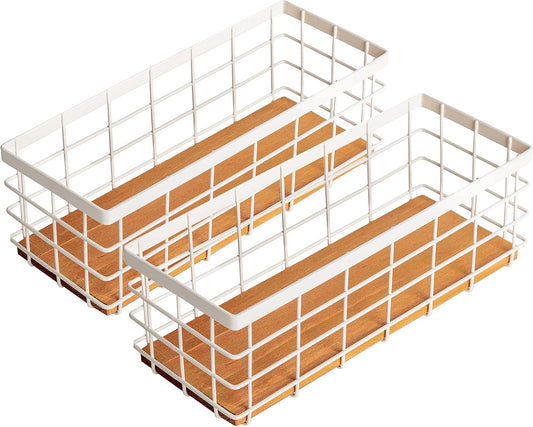TIEYIPIN Small Metal Wire Storage Basket, Detachable Wood Base Storage Organizer Bin Basket for Kitchen Cabinets, Bathroom, Pantry, Garage, Laundry Room (Cream White, 2 Pack)