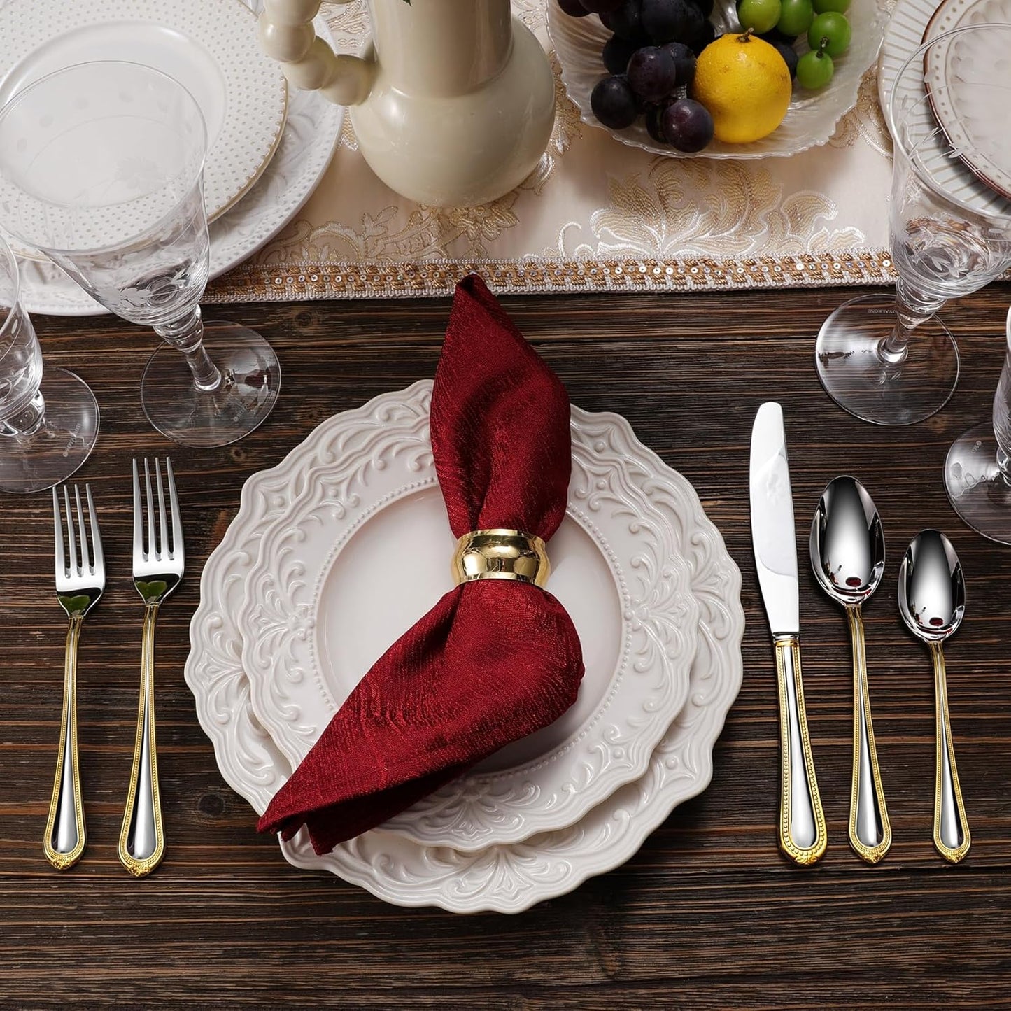 KEAWELL Pearl Edge Premium 45-Piece Refined Bead Silverware Set, 18/10 Stainless Steel, Service for 8, Fine Flatware Set with Serving Utensils, Dishwasher Safe (45, Gold Accent)