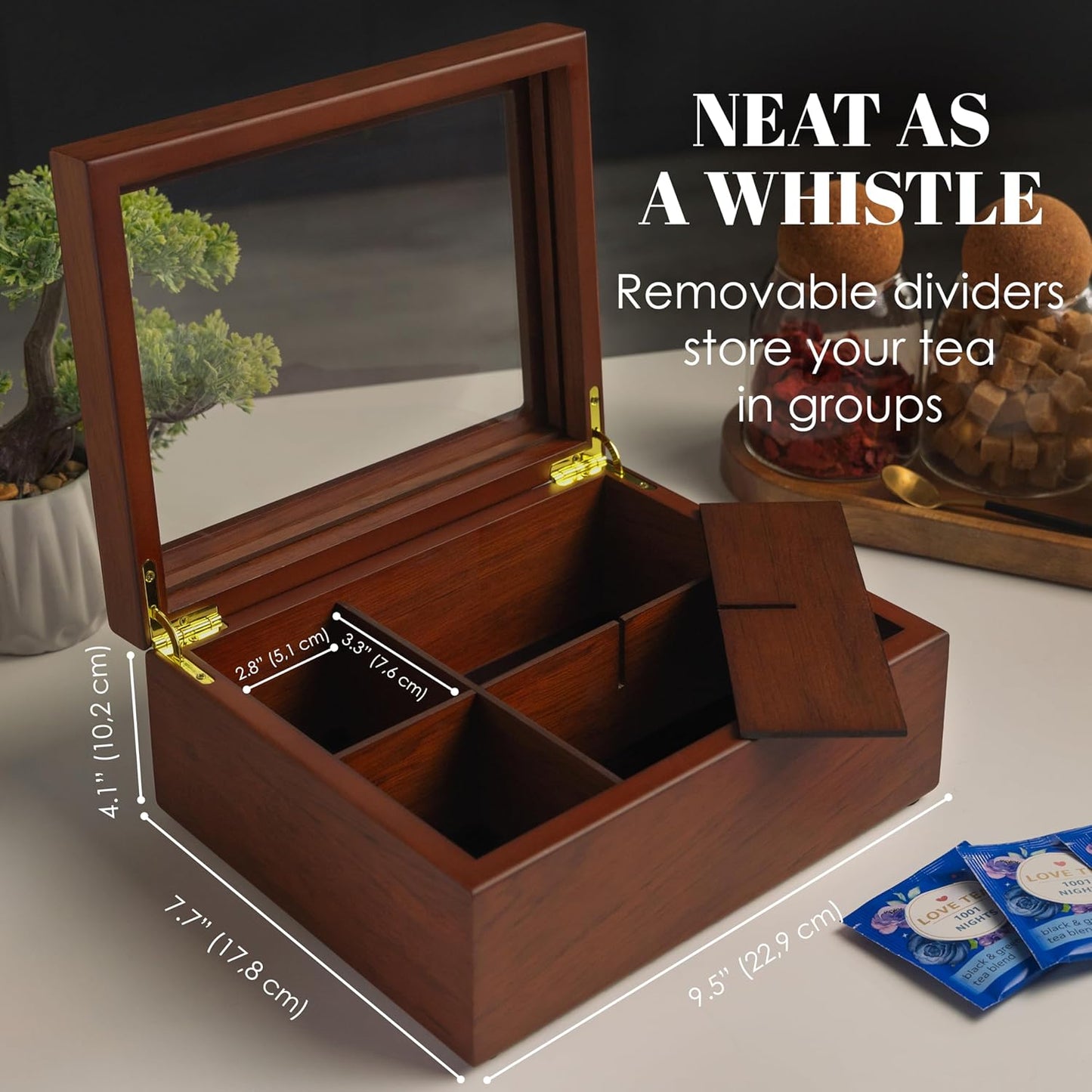 Tea Box - Luxury Wooden Tea Bag Organizer from The Apace Premier Collection - 6 Compartment Tea Storage Chest Container - Elegantly Handmade w/Scratch Resistant Window