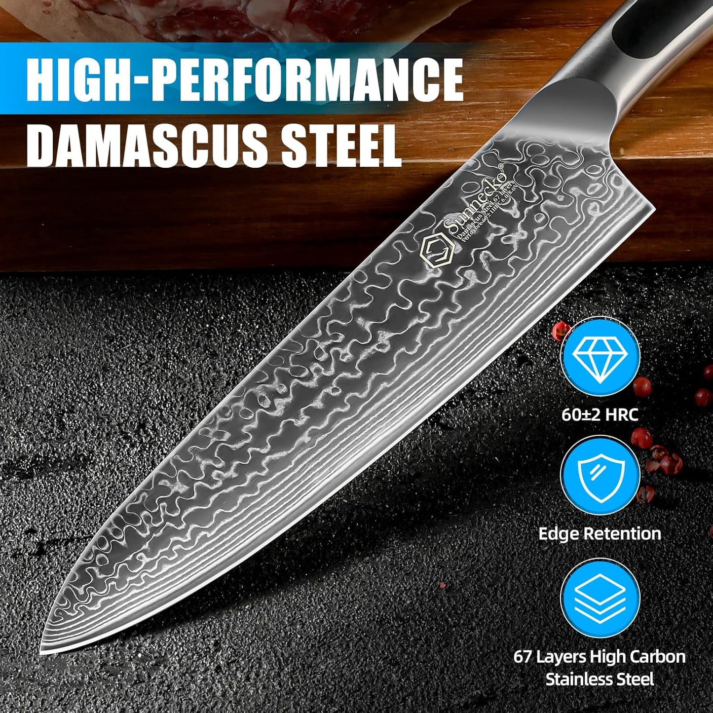 Sunnecko Damascus Kitchen Knife Set 5 Piece Chef Knife Set Professional, Sharp Kitchen Knives Set Full Tang, Gift Box