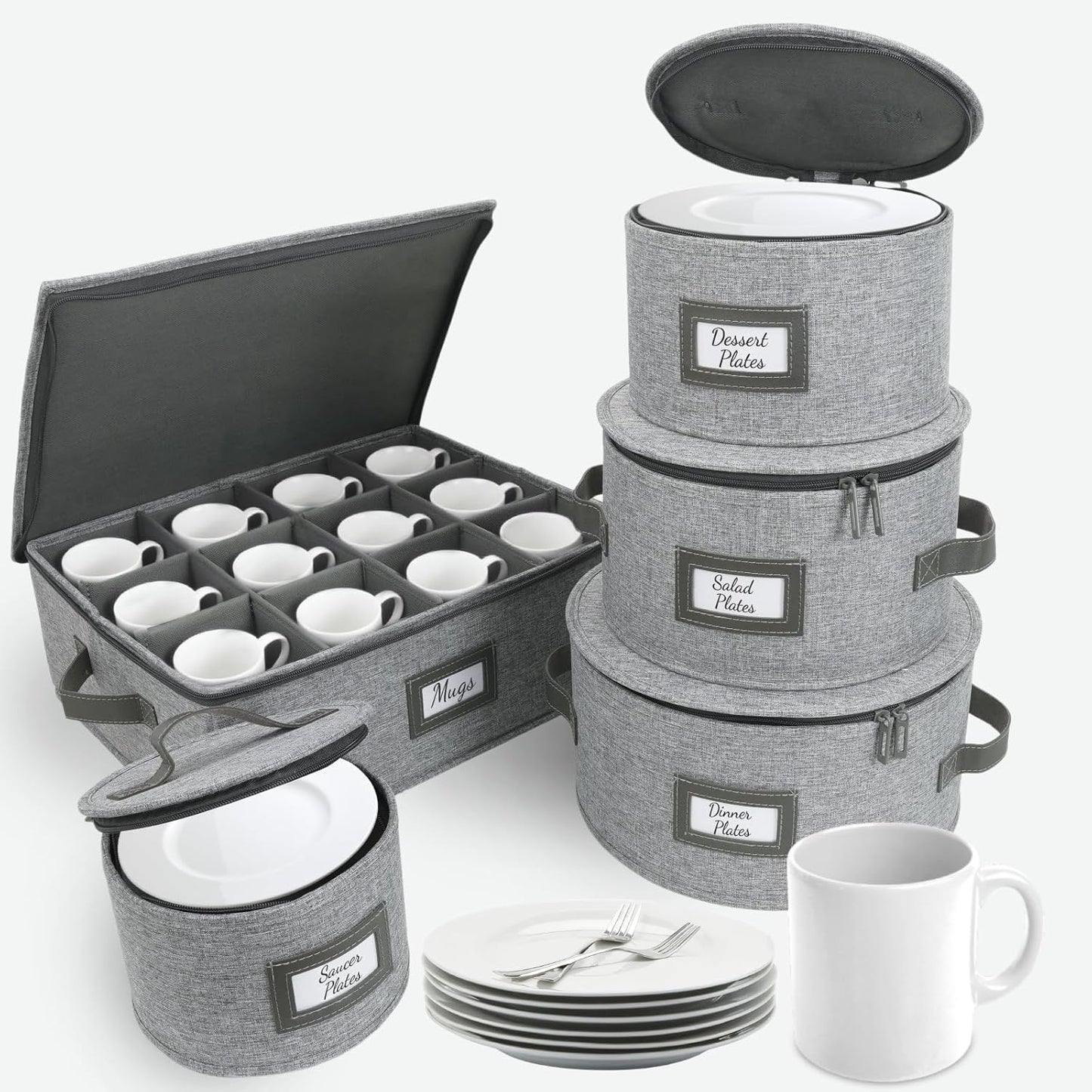 HOMELUX THEORY Hard Shell China Storage Containers, 5pc Light Gray Mug & Plate Storage Box, Kitchen Storage Bins With Lids, Heavy Duty Moving Box with Handles for Glassware, Stemware, Cup & Mug