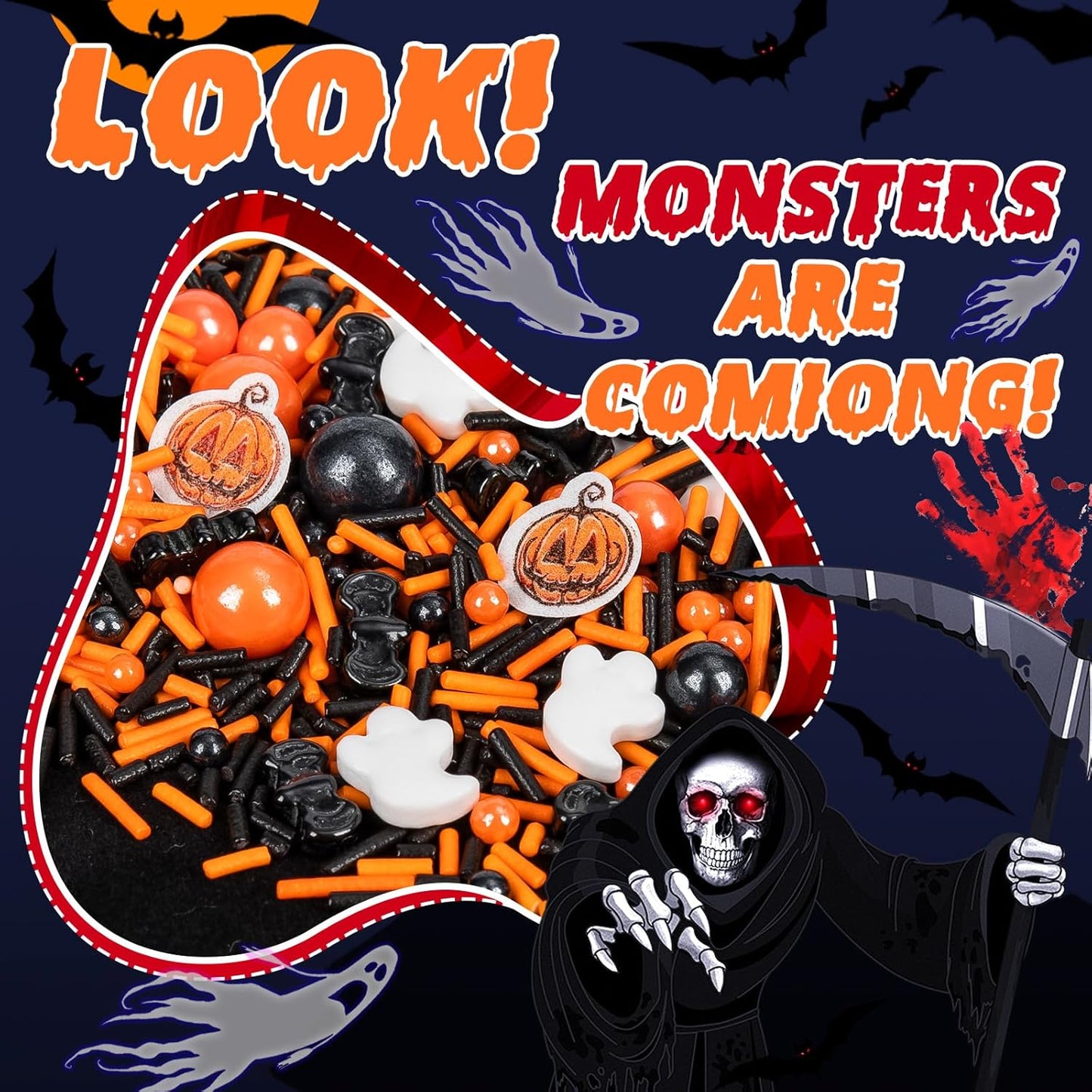 Edible Halloween Pumpkin Sprinkles,Orange Pearls Mix White Ghost,130g/4.58oz,Black Bat Monster,Pearls and Jimmies Mixed,Perfect for Cake Decorations, Baking, Ice Cream, Cookies, Cupcake Topper,Halloween Supplies Children's Party