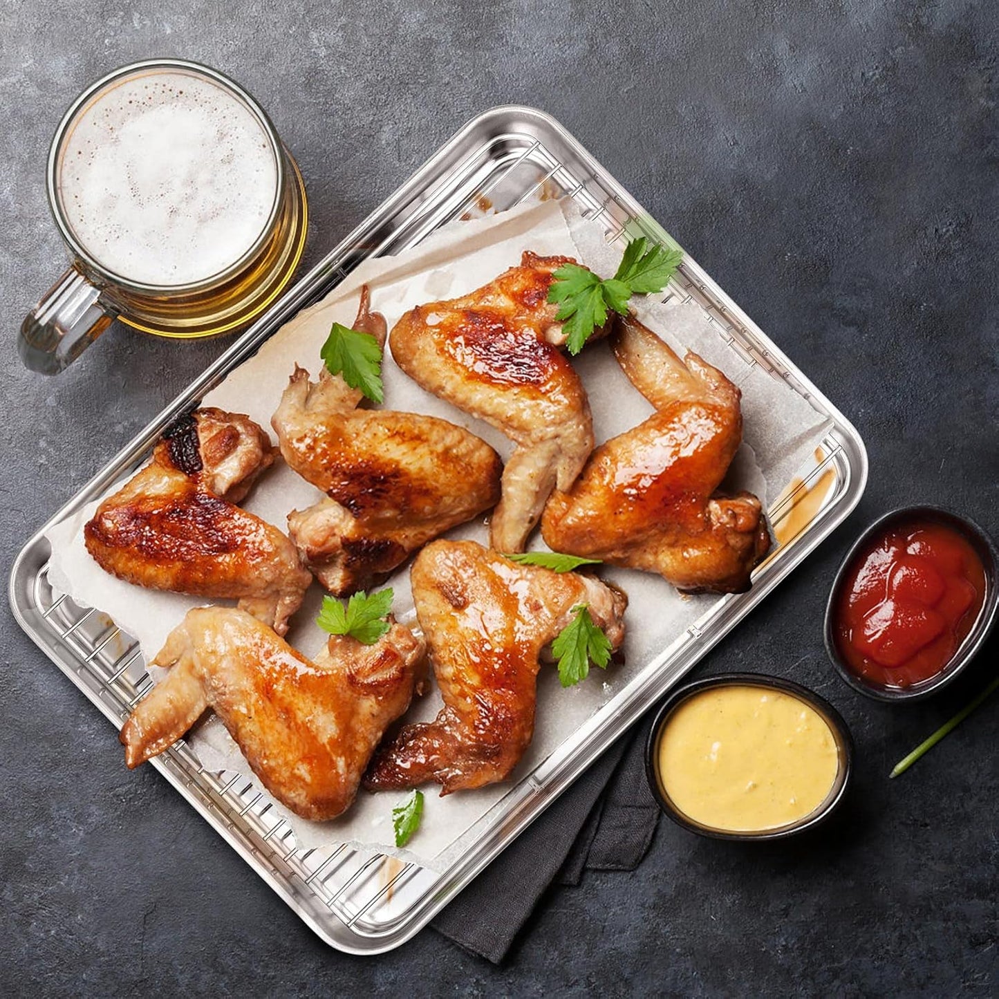 Stainless Steel Baking Sheet with Rack Set, E-far 12.4”x9.7” Cookie Sheet Broiling Pan for Oven, Rimmed Metal Tray with Wire Rack for Cooking/Baking/Cooling/Bacon, Non-toxic & Dishwasher Safe