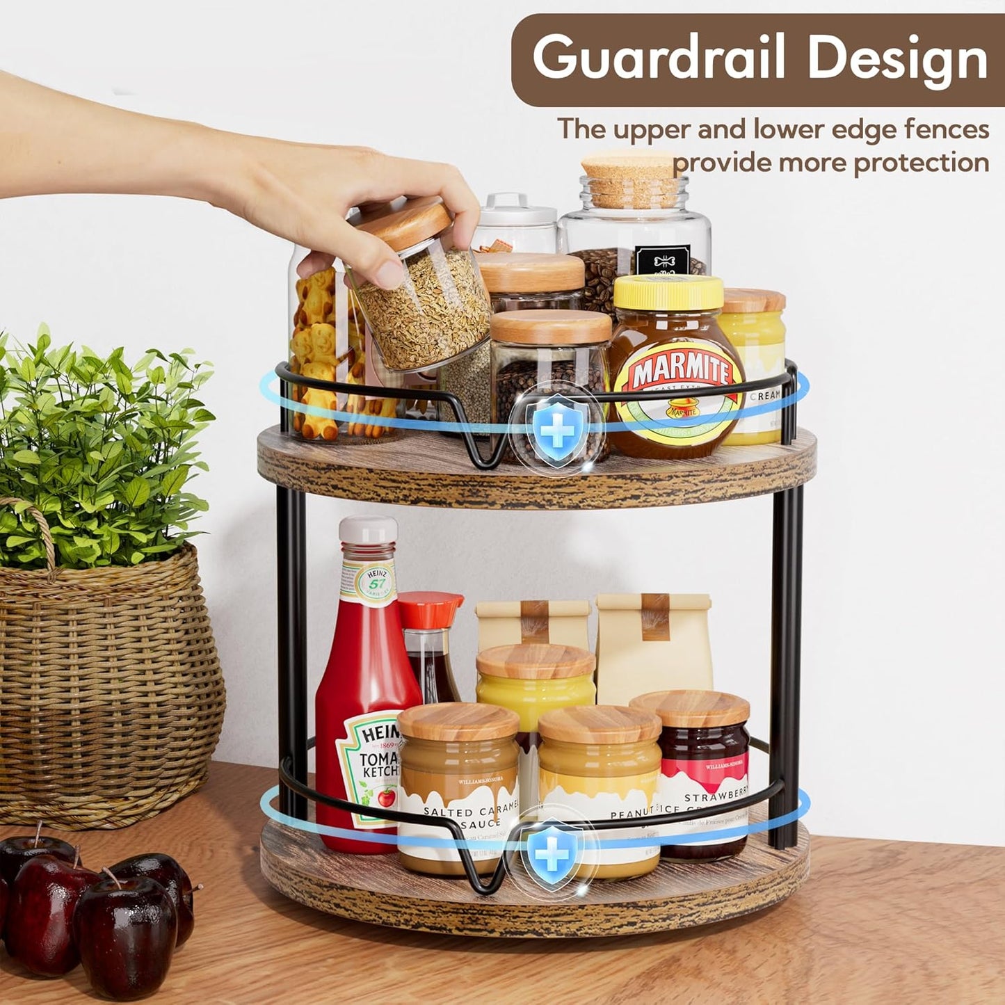 2 Pack 2 Tier Lazy Susan Organizer Wooden Rotating Spice Rack Spice Rack for Countertop 2 Tier Spice Turntable Organizer for Kitchen Countertop and Cabinet Compact and Versatile, Rustic Brown