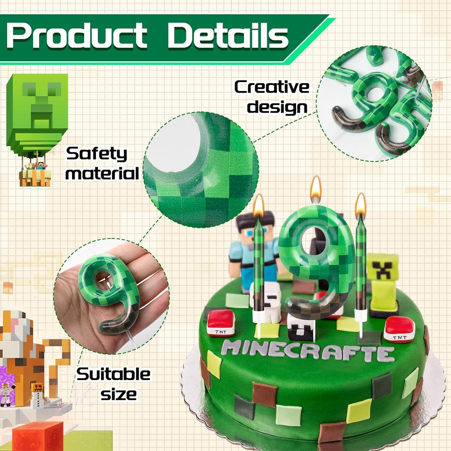 13 Pcs Dynamite Candles 12 TNT Themed Birthday Cake Candles and Number 9 Candle Cake Topper for Pixel Theme Birthday Party Anniversary Party Dynamite Theme Party Video Game Party Supplies (Number 9)