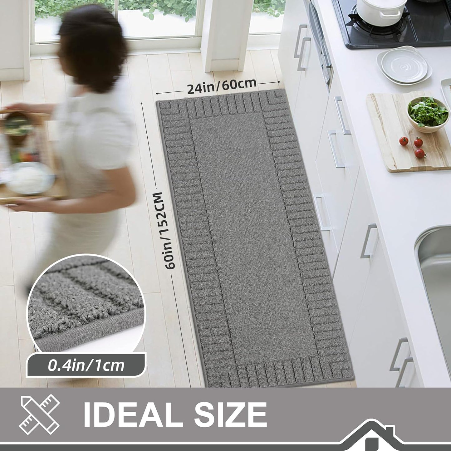 BEQHAUSE-Kitchen-Rugs-Washable-Kitchen-Mats-for-Floor Non-Slip Kitchen Mat Absorbent Kitchen Runner Rug with TPR Non Skid Backing,Grey,24”x60”