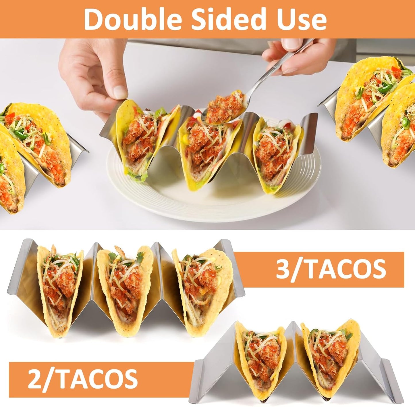 Taco Holder Set of 6, Stainless Steel Taco Holder Stand, Taco Rack Truck Tray Style with Easy-Access Handle, Oven, Grill and Dishwasher Safe