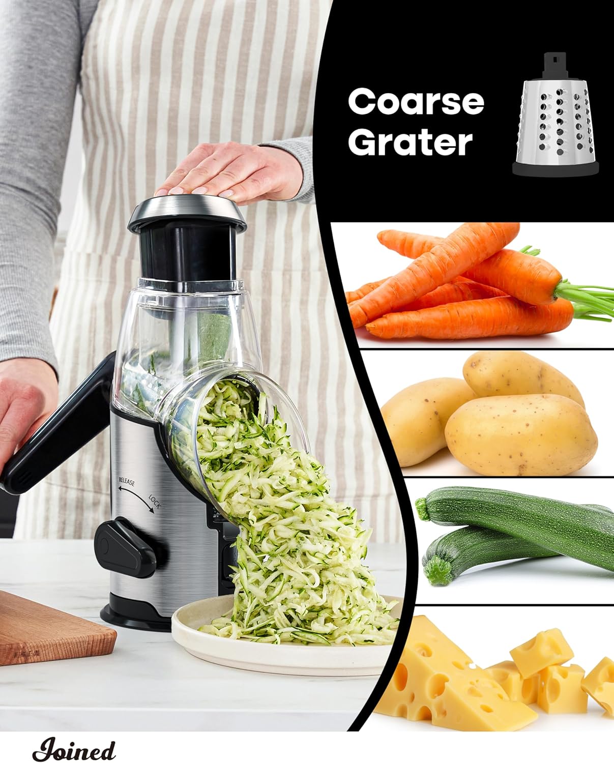 Joined Rotary Cheese Grater with Handle - Mandoline Slicer with 3 Stainless Steel Drum Blades-Vegetable Slicer Walnuts Grinder Cheese Shredder Round Mandoline with Peeler
