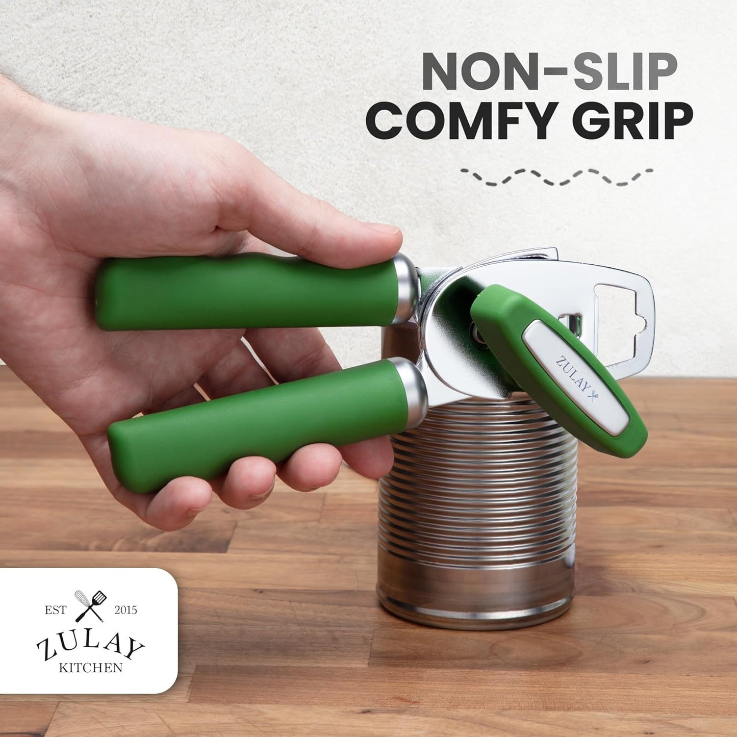 Zulay Kitchen Heavy Duty Stainless Steel Can Opener Manual with Bottle Opener - Rust Proof Manual Can Opener With Turn Knob & Comfy Soft Grip Handles - Artichoke Green