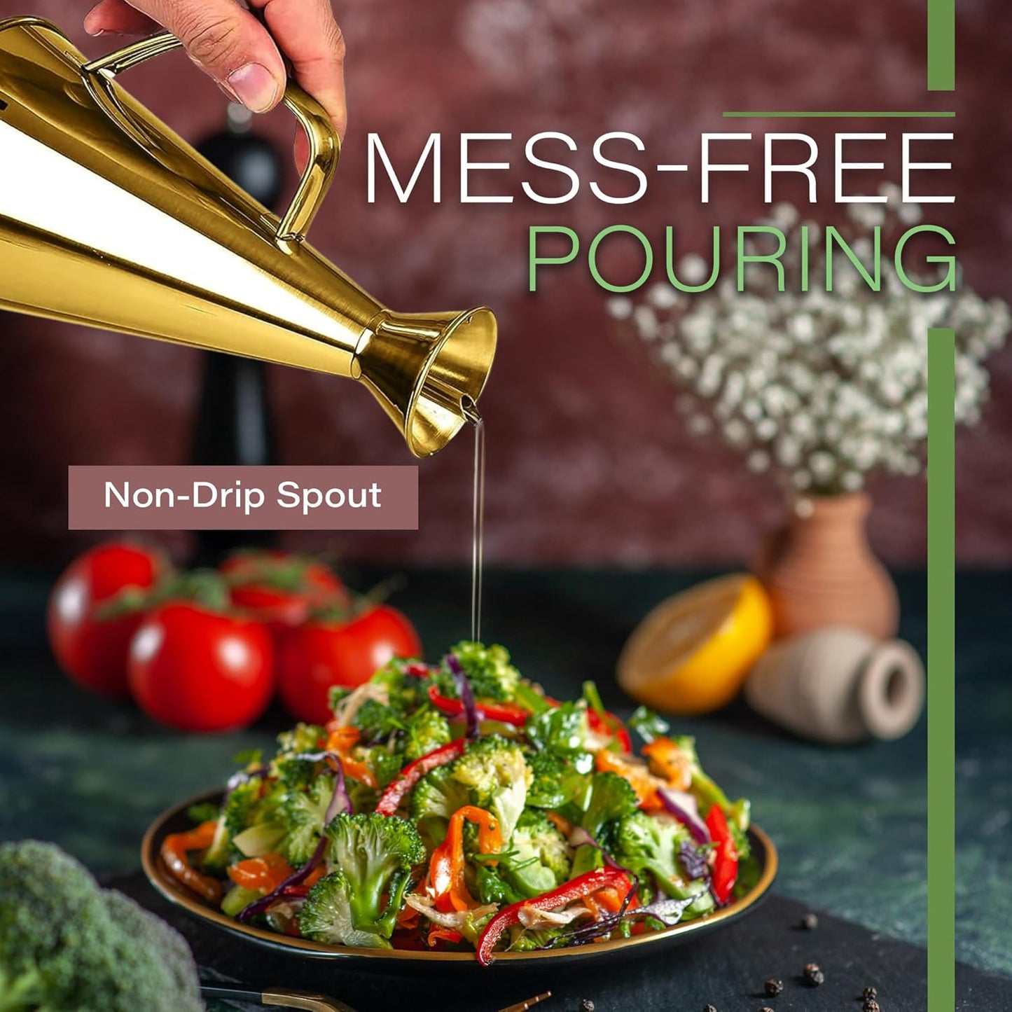 Olive Oil Dispenser Bottle Gold Stainless Steel Non Drip Leak Proof No Mess Vinegar Pourer & Kitchen Drizzler 8.5 oz 250ML 0.25 Litre Great for Pouring & Drizzling Easy to Clean & Leakproof