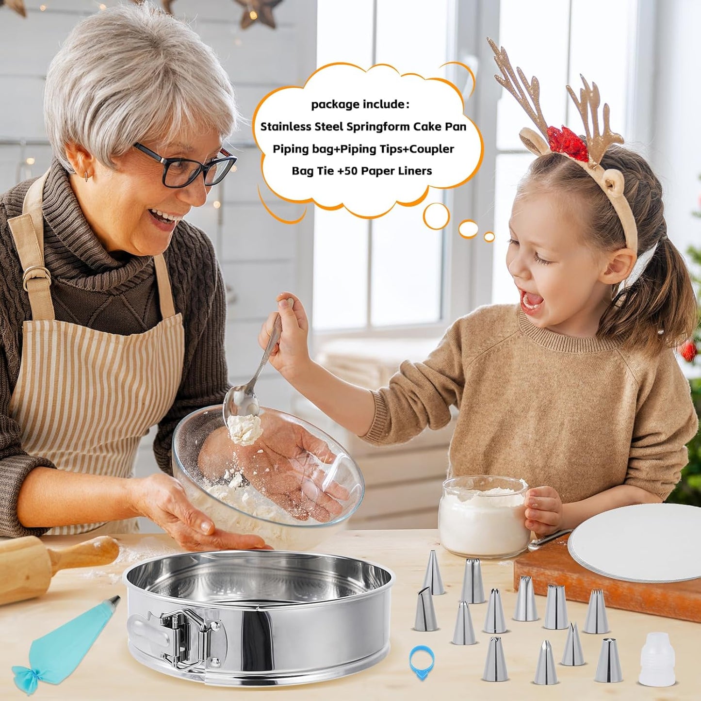 Aufind Springform Pan Set for Baking (4,7,9,10inches), 304 Stainless Steel Springform Cake Pan with Removable Bottom, Cheesecake Pan with 50PCS Parchment Paper for Pie Cake Pizza and Quiches