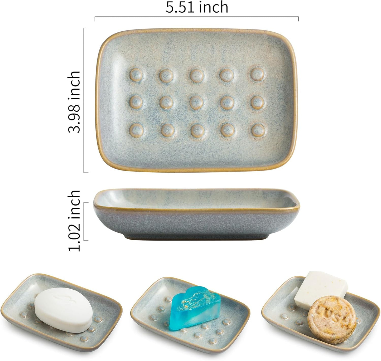 Soap Dish for Shower, Ceramic Soap Dish Non-Slip Soap Holder Bar Saver Tray for Bathroom Kitchen Sink, Floating Point Design Save Soap Loss