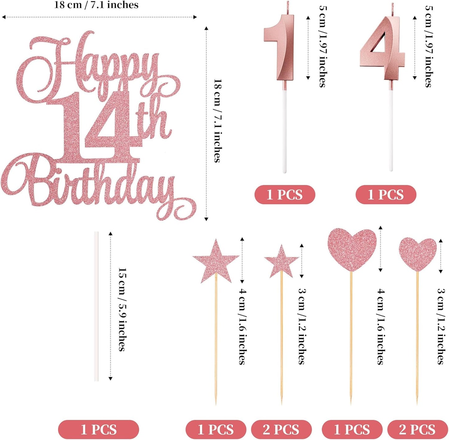 14th Birthday Cake Decorations, 14th Birthday Candles Cake Numeral Candles and Glitter Happy 14th Birthday Cake Toppers Set for Birthday Party Supplies (Rose Gold)