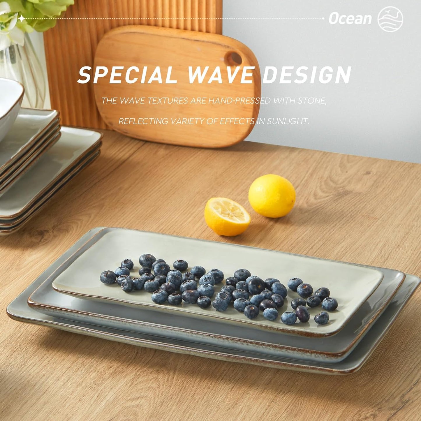 famiware Serving Platter, Rectangular 15.67/14.1/12.6inch Serving Dishes for Entertaining, Reactive Glaze, Stoneware Serving Trays for Party, Food, Turkey, Snack, Cheese, Ocean Series, Grey