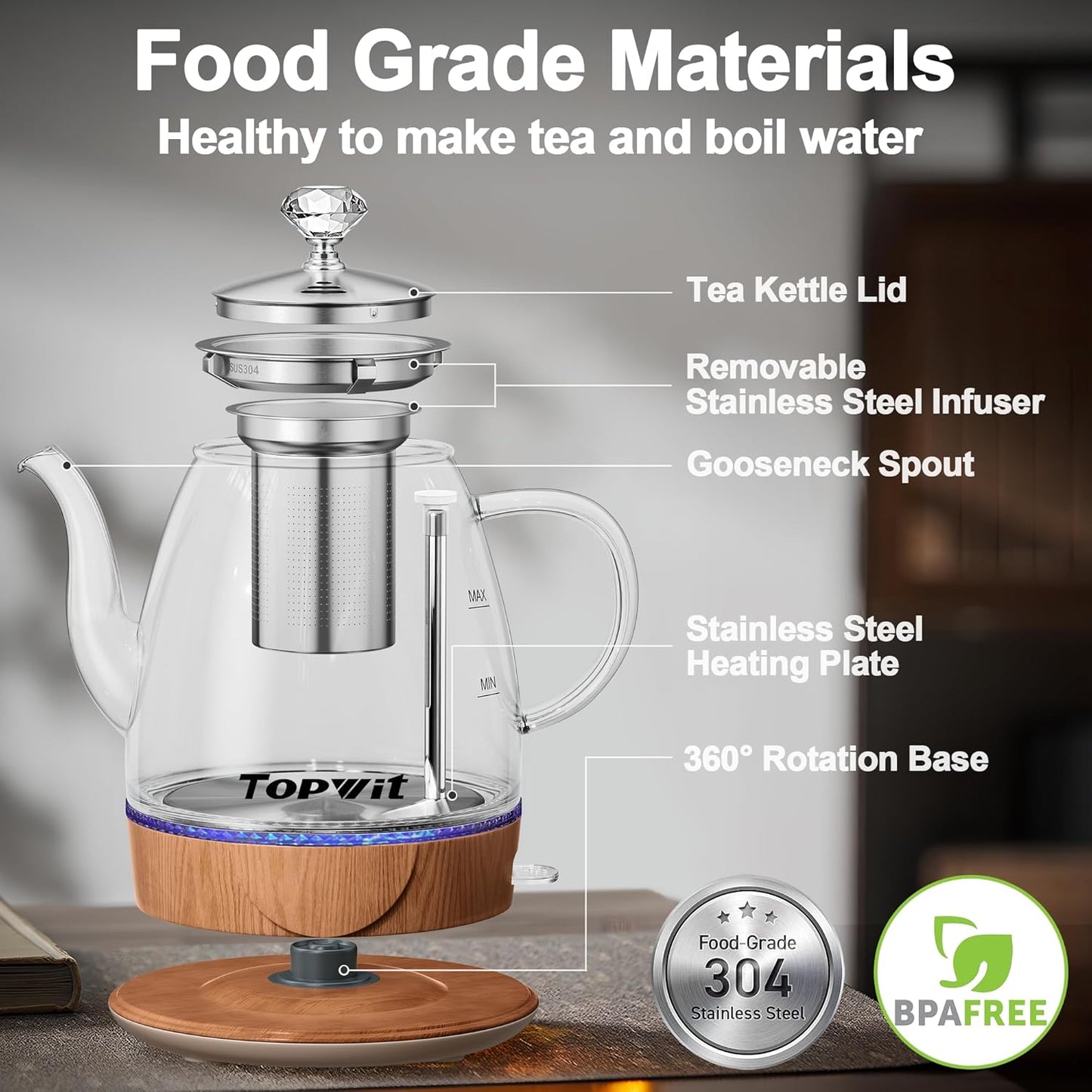 Topwit Electric Kettle Glass, For Hot Water, Tea and Coffee Dual Purpose Design, BPA-Free, 1L Pour Over Removable Stainless Steel Infuser, Auto-shut Off & Boil-dry Protect