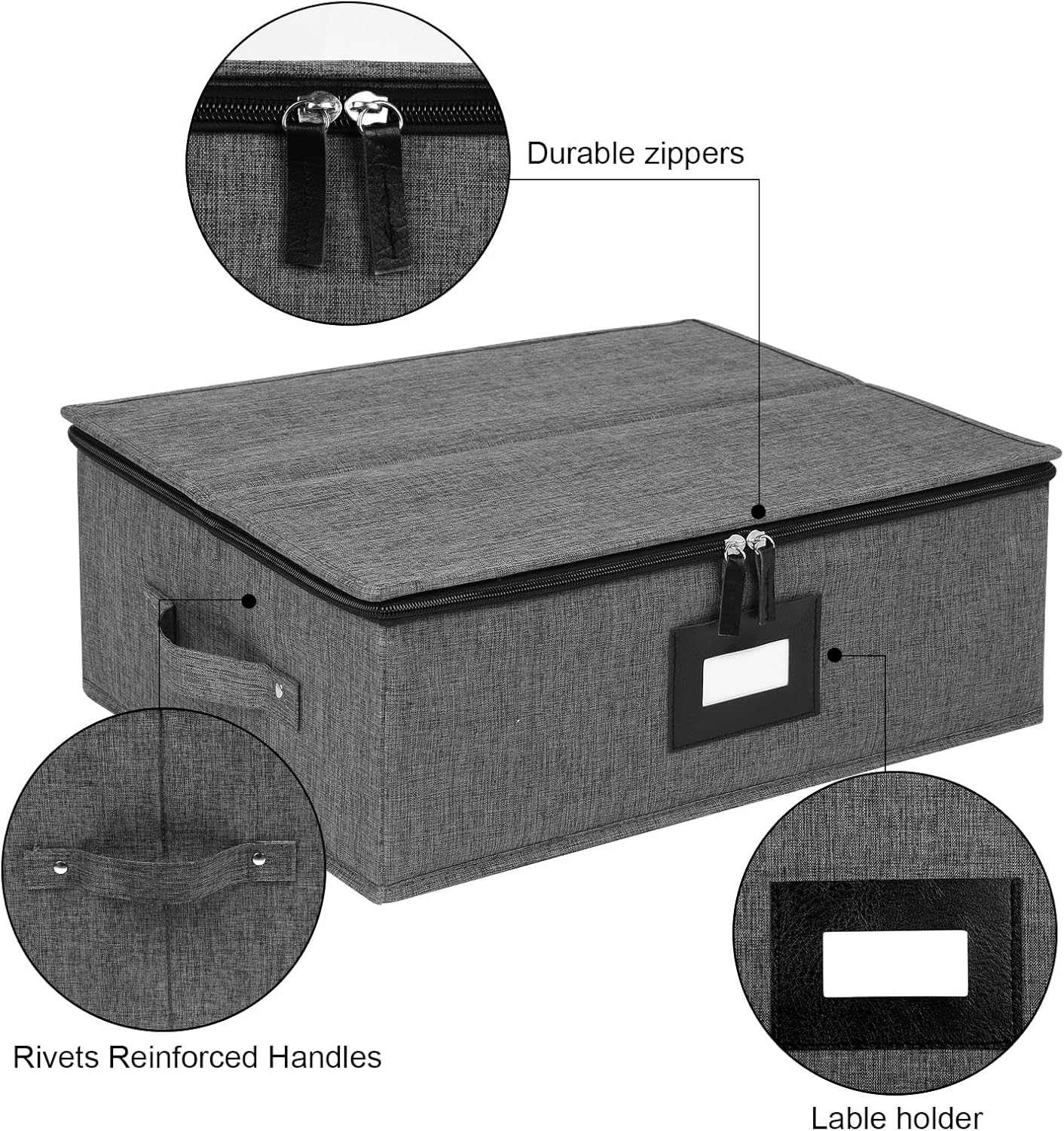 Cup and Mug Storage Box 2Pack, China Storage Containers for 12 Tea Cups or Coffee Mugs with Zipper Lid and Rivet Reinforced Handles, Hard Shell and Stackable (Black)