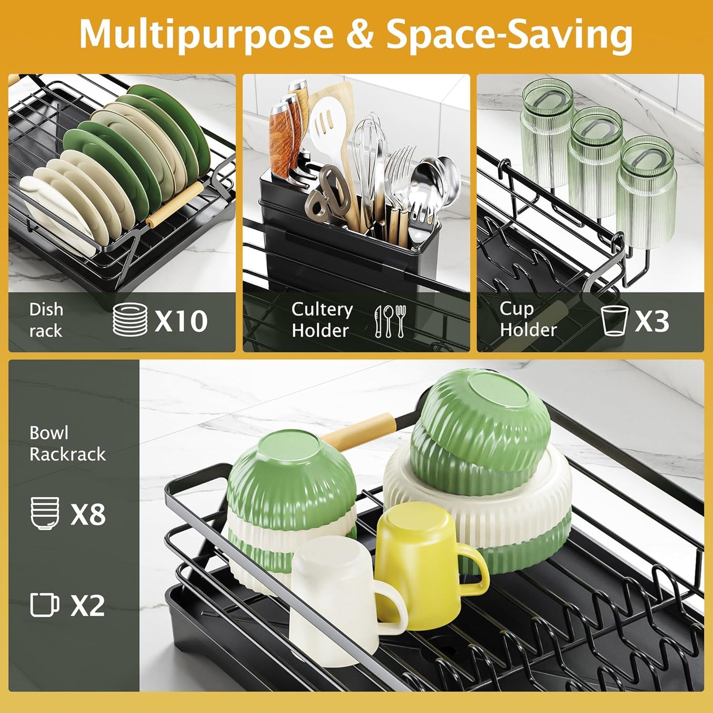 Epicano Dish Drying Rack for Kitchen Counter,Space-Saving Dish Rack,Rustproof Dish Drainer with Utensil Holder and Knife Slots for Sink,Kitchen Drying Rack with Wooden Handle and Cup Holder, Black