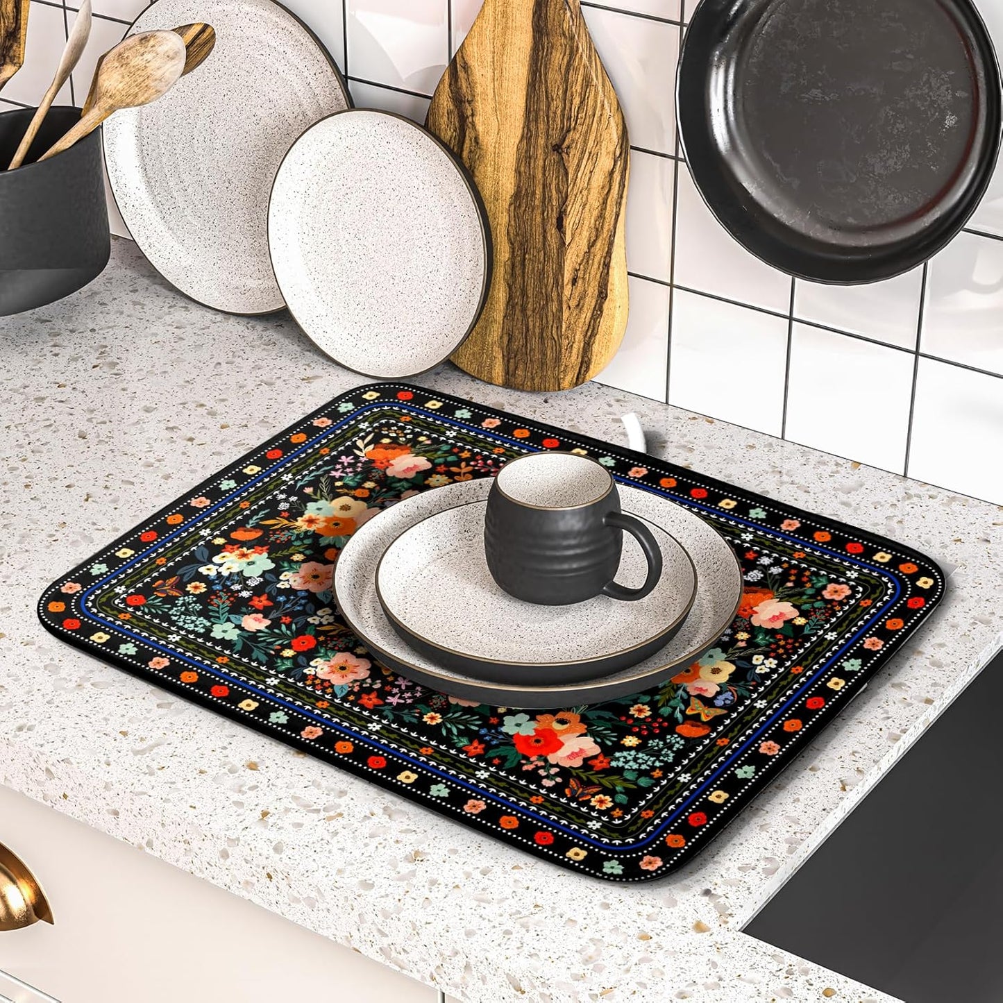 Black Flowers Dish Drying Pad Boho Floral Washable Microfiber Kitchen Mat for Home Decor