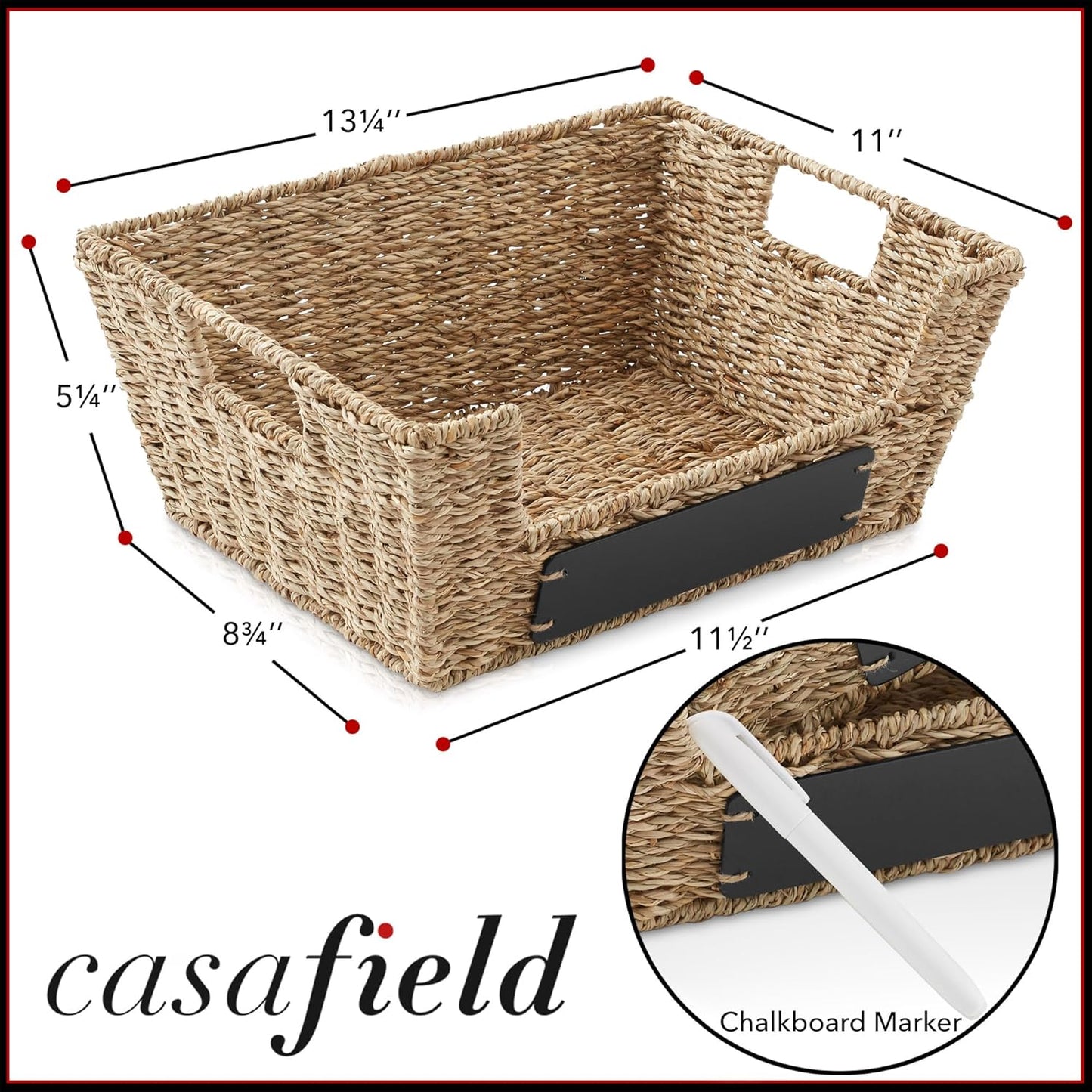 Casafield Set of 2 Seagrass Pantry Baskets with Handles, Chalkboard Labels and Marker - Natural, Wide Woven Storage Bin Organizers for Kitchen Shelves