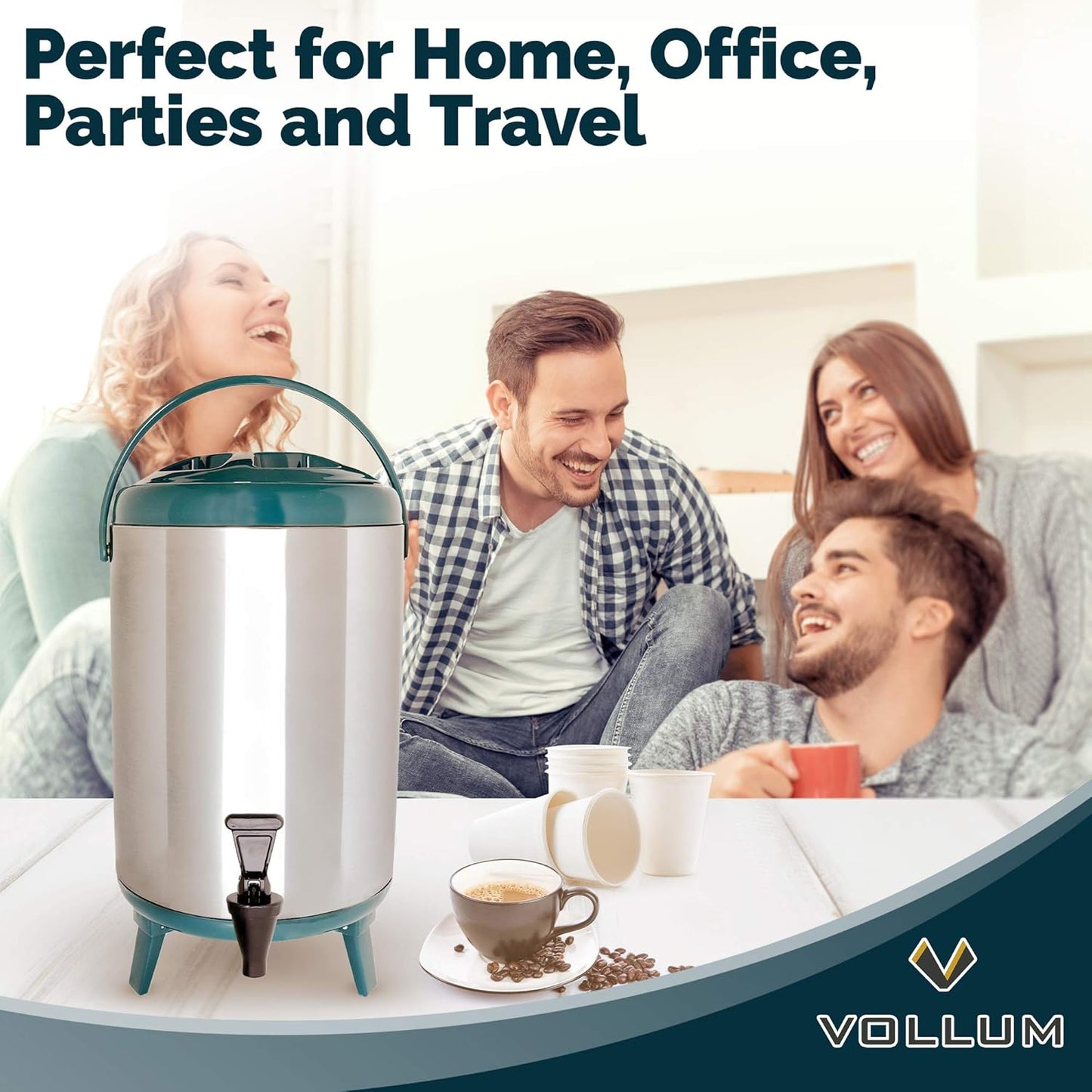Stainless Steel Insulated Beverage Dispenser – Insulated Thermal Hot and Cold Coffee Carafe – 12 Liter Drink Dispenser with Spigot for Hot Water, Tea & Coffee, Cold Milk, Juice & More TEAL