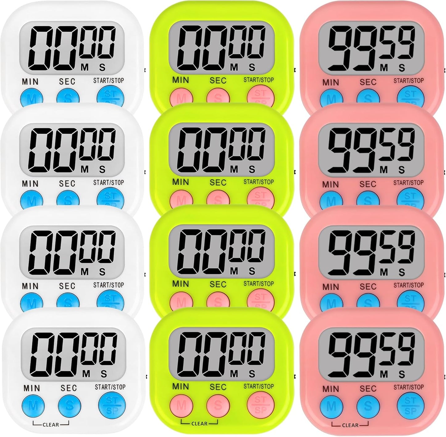 ZILLEEN 12 Pack Kitchen Timers for Cooking Digital Classroom Timers for Kids Teachers White Green Pink