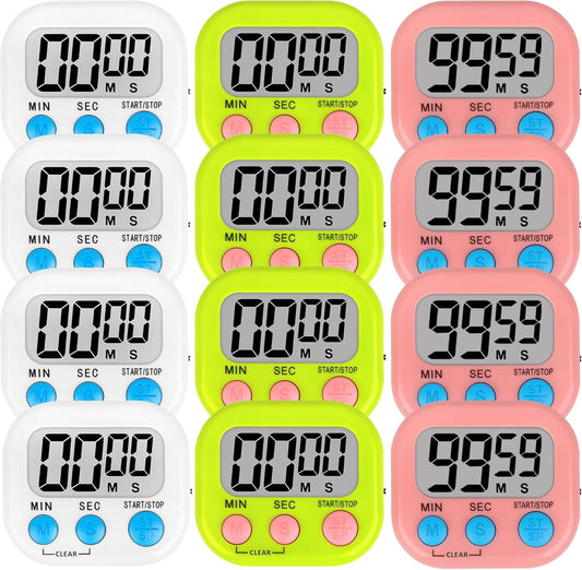 ZILLEEN 12 Pack Kitchen Timers for Cooking Digital Classroom Timers for Kids Teachers White Green Pink